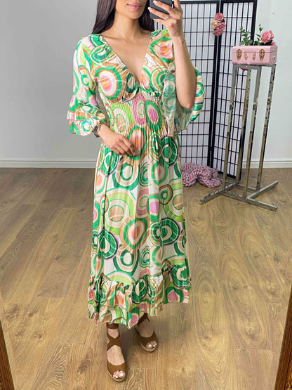 Brava Swirl Print Ruffle Hem Maxi Dress