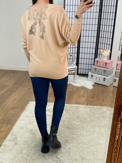 Brayden Lace Bow Back Diamante Zip Knitted Jumper