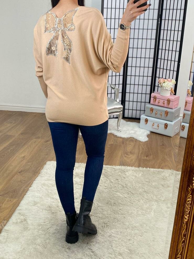 Brayden Lace Bow Back Diamante Zip Knitted Jumper