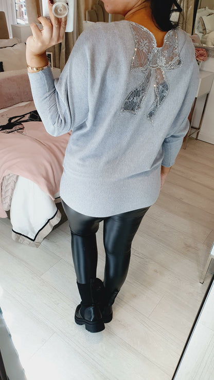 Brayden Lace Bow Back Diamante Zip Knitted Jumper