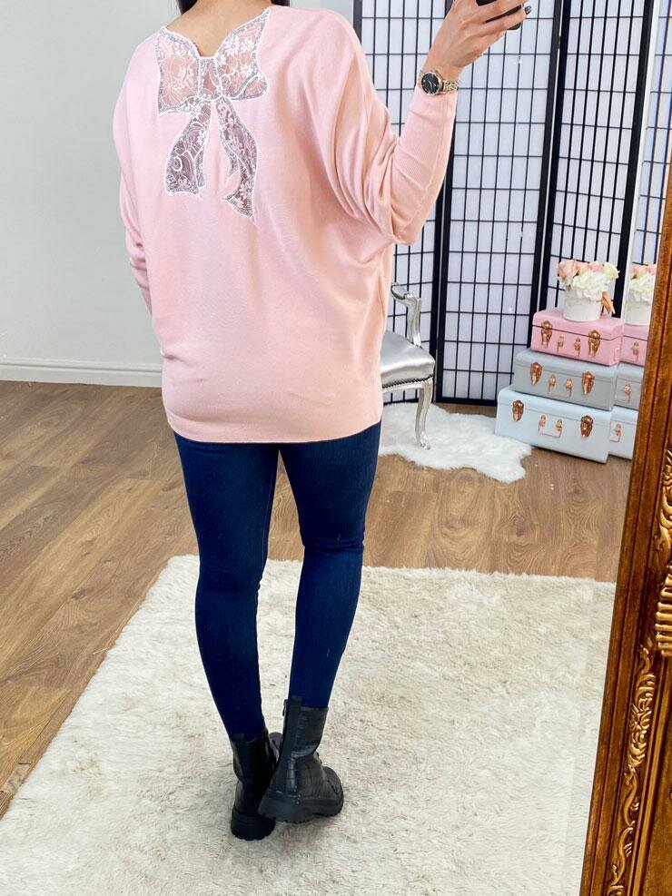 Brayden Lace Bow Back Diamante Zip Knitted Jumper