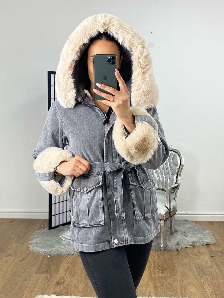 Bronson Dark Grey Denim Faux Fur Hooded Jacket