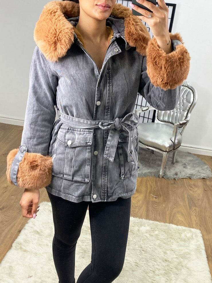 Bronson Dark Grey Denim Faux Fur Hooded Jacket