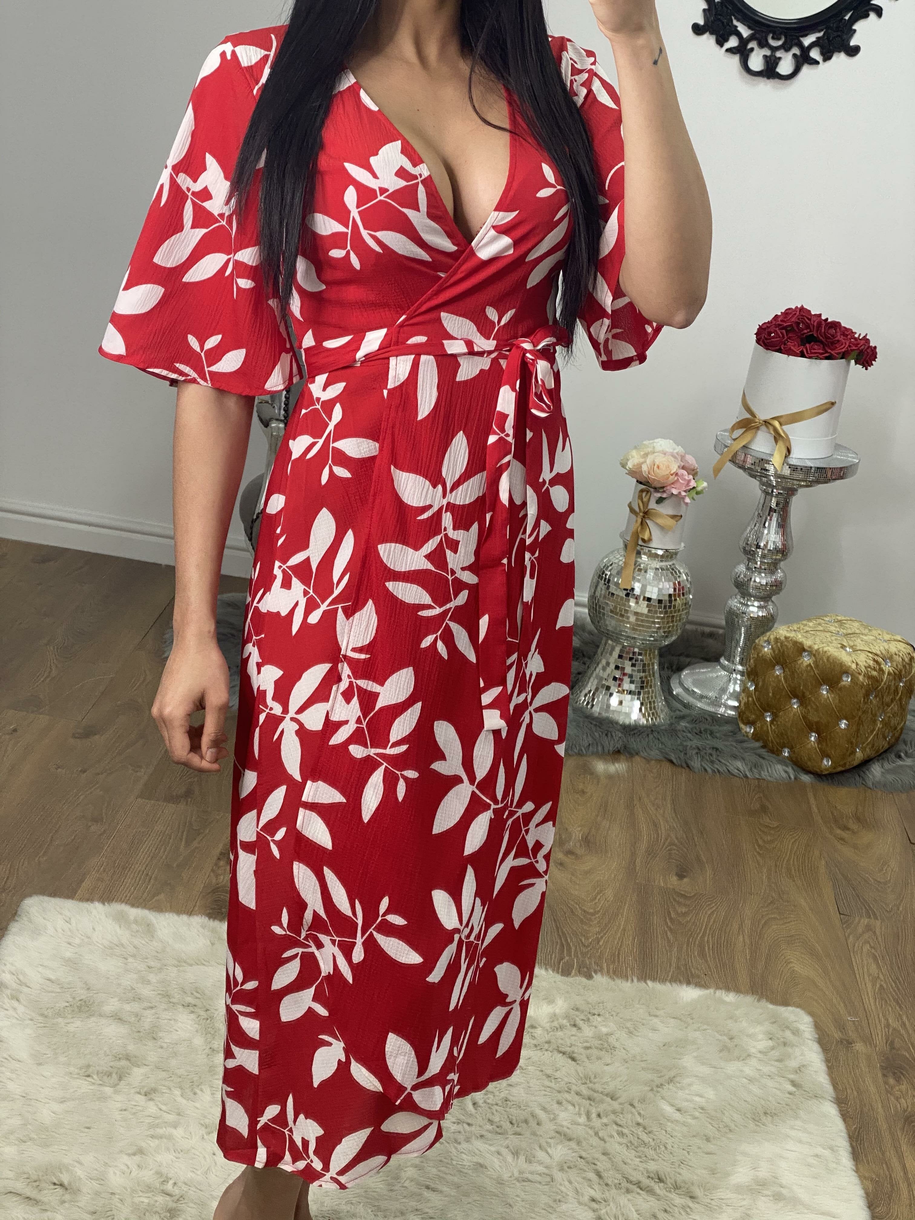 Brynley Red Leaf Printed Wrap Dress