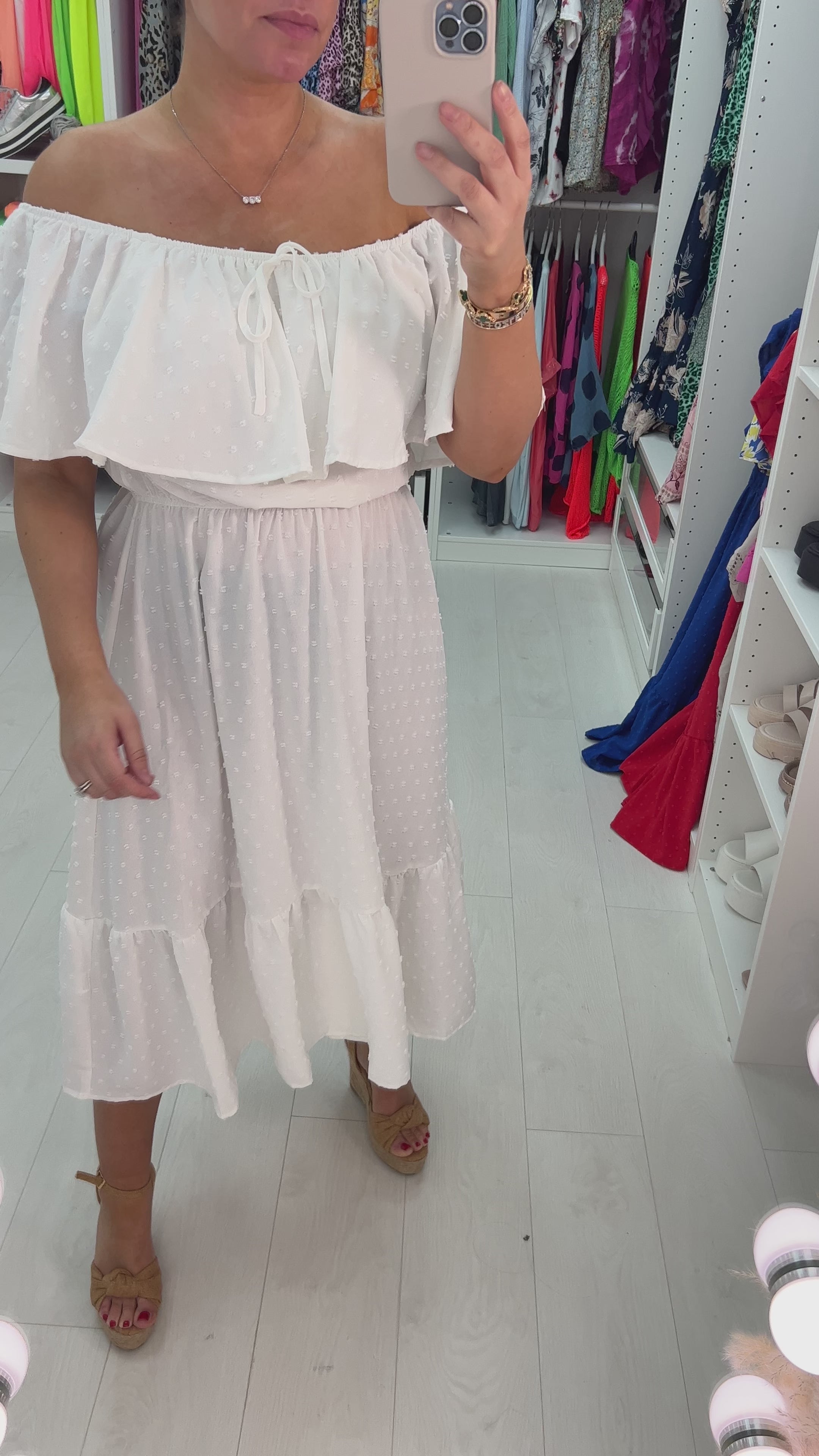 Danita Dobby Ruffle Bardot  Midi Dress