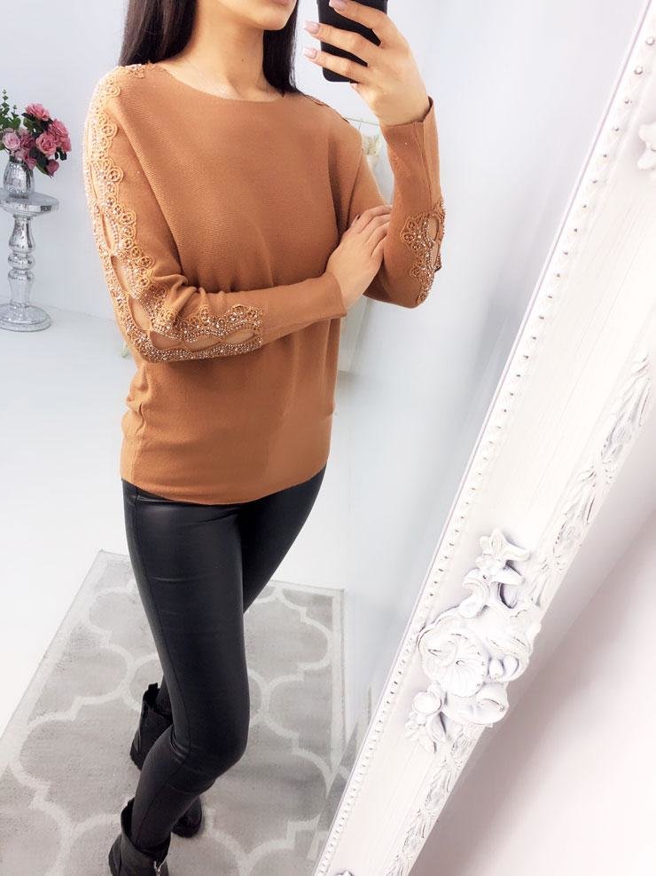 Calana Crochet Stud Arm Batwing Knit Jumper