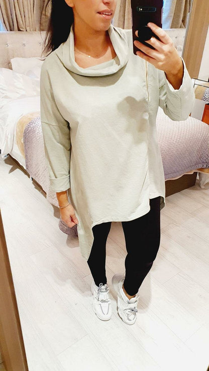 Cardena Zip Detailed Oversized Cowel Neck Dipped Hem Jumper
