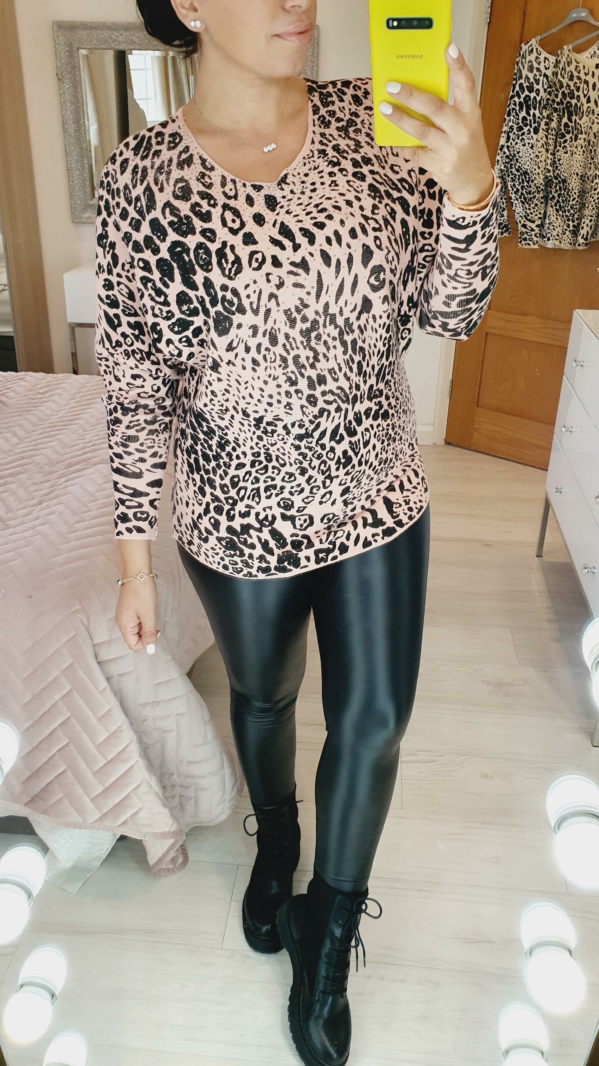 Carlin Leopard Stud Detailed Batwing Knit Jumper