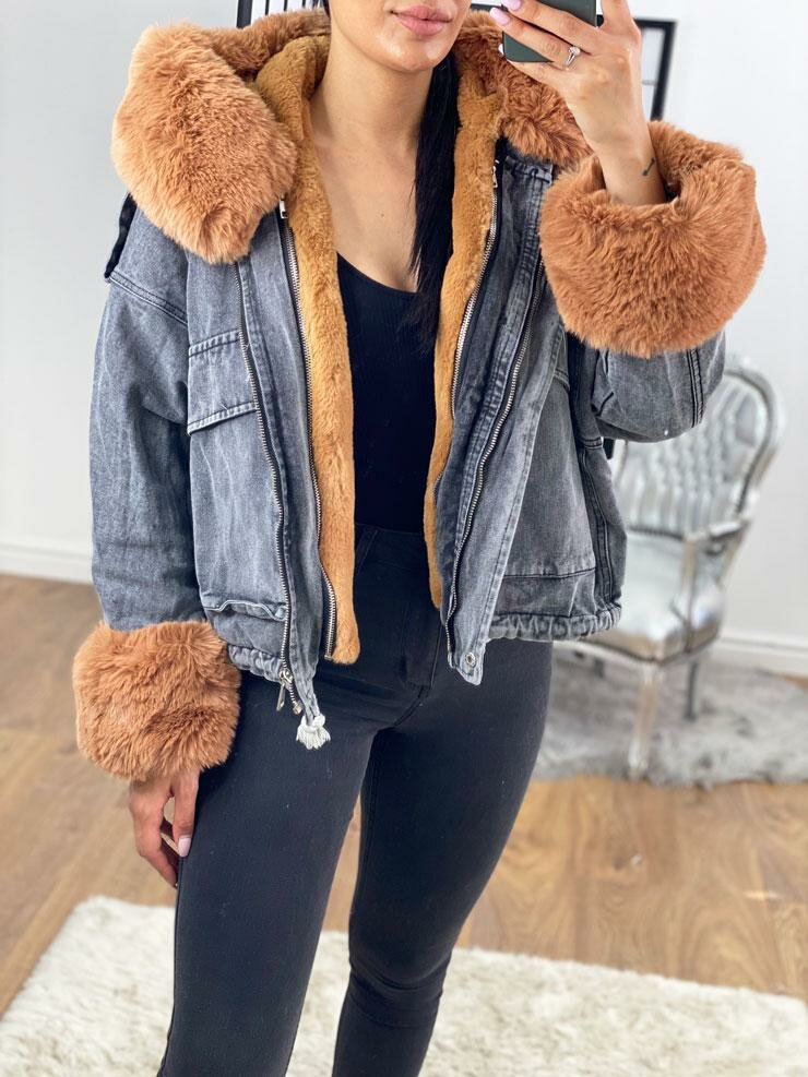 Carolana Dark Grey Denim Tan Faux Fur Hooded Coat