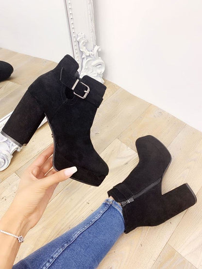 Carper Faux Suedette Buckle Chunky Heel Boots
