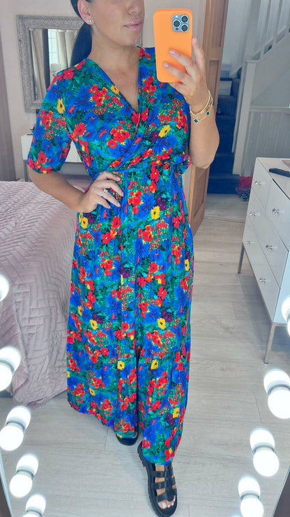 Devina Royal Blue Floral Print Wrap Front Maxi Dress