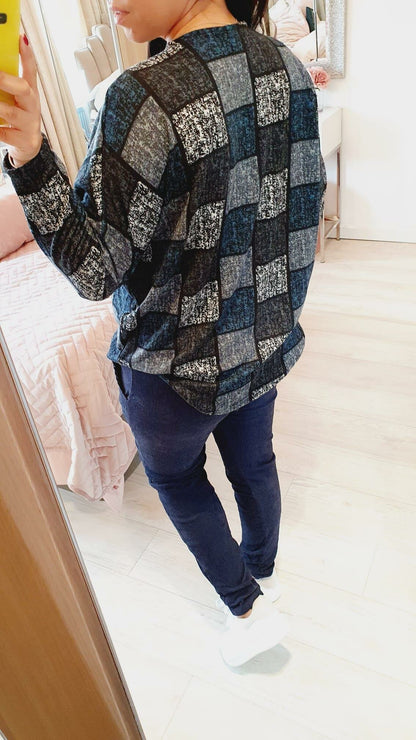 Charon Navy Square Printed Zip Detailed Thin Knit