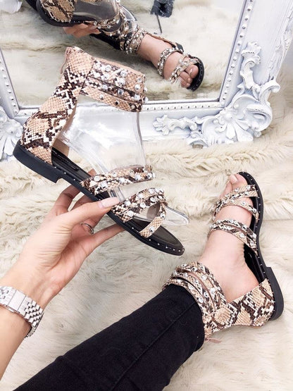 Chelsea Snake Print Diamante Studded Strappy Sandals