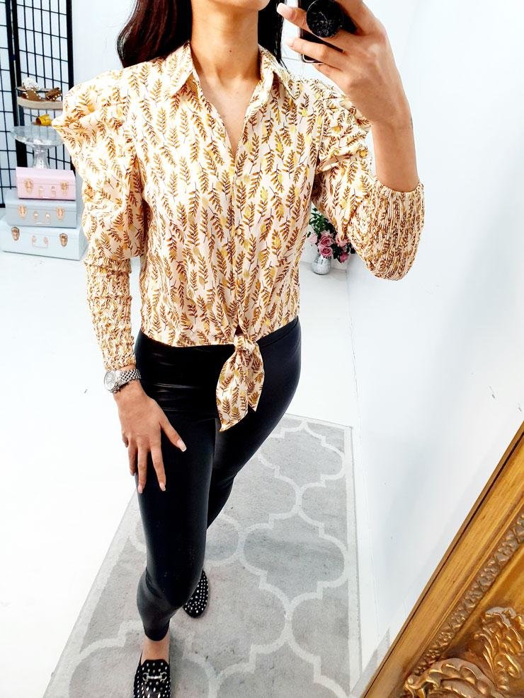 Cheza Puff Sleeve Leaf Printed Tie Front Blouse