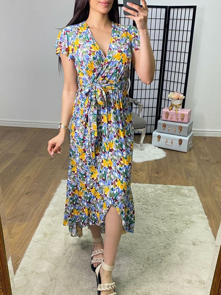 Chrystal Floral Print Frill Hem Dip Hem Dress