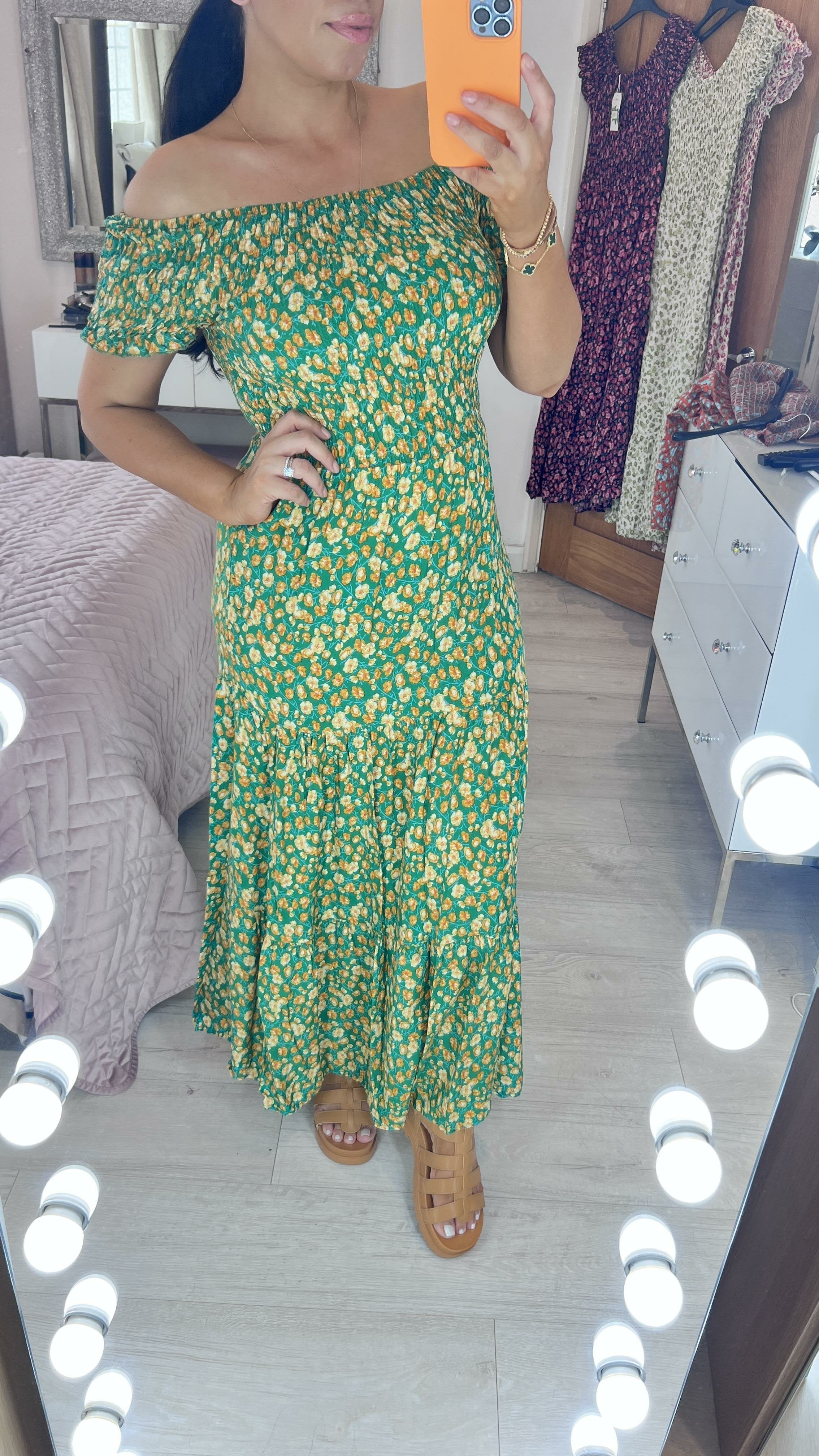 Ciara Emerald Floral Print Shirred Bardot Maxi Dress