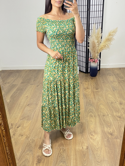 Ciara Emerald Floral Print Shirred Bardot Maxi Dress