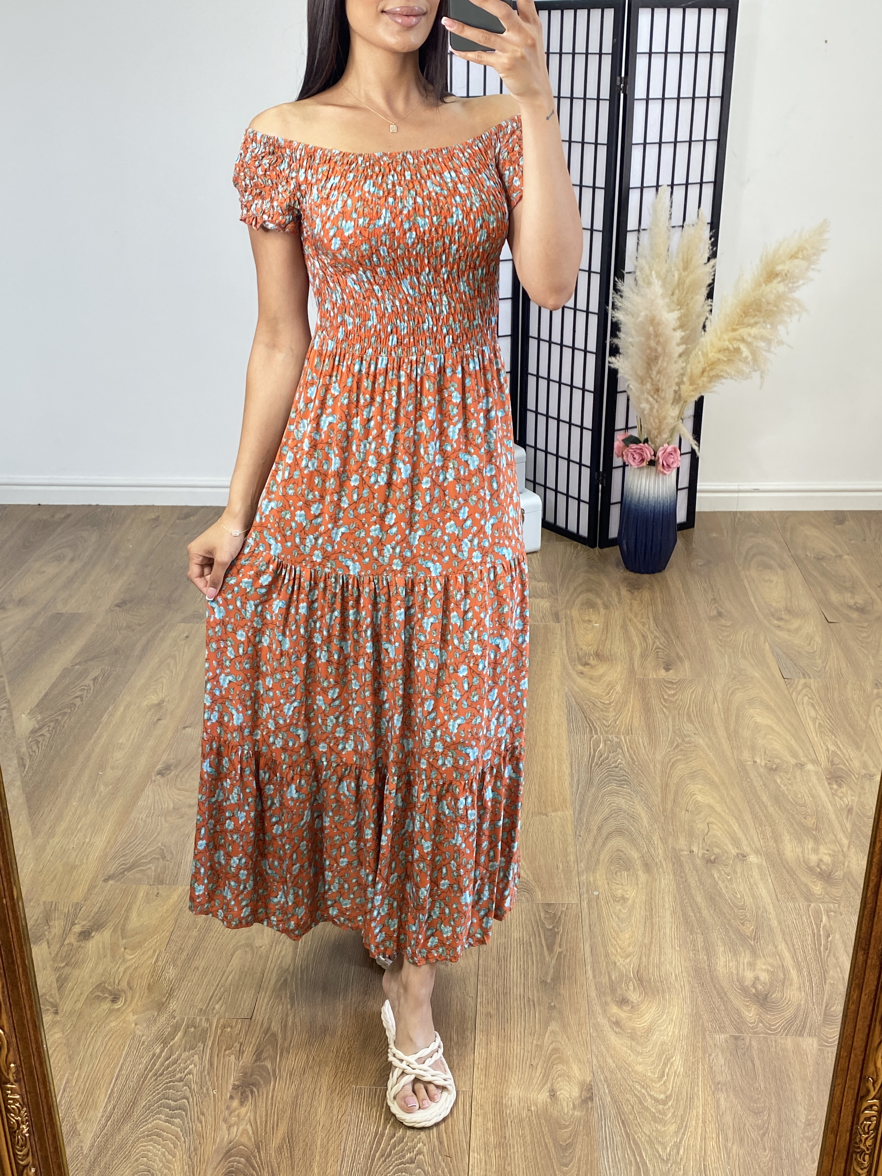 Ciara Rust Floral Print Shirred Bardot Maxi Dress