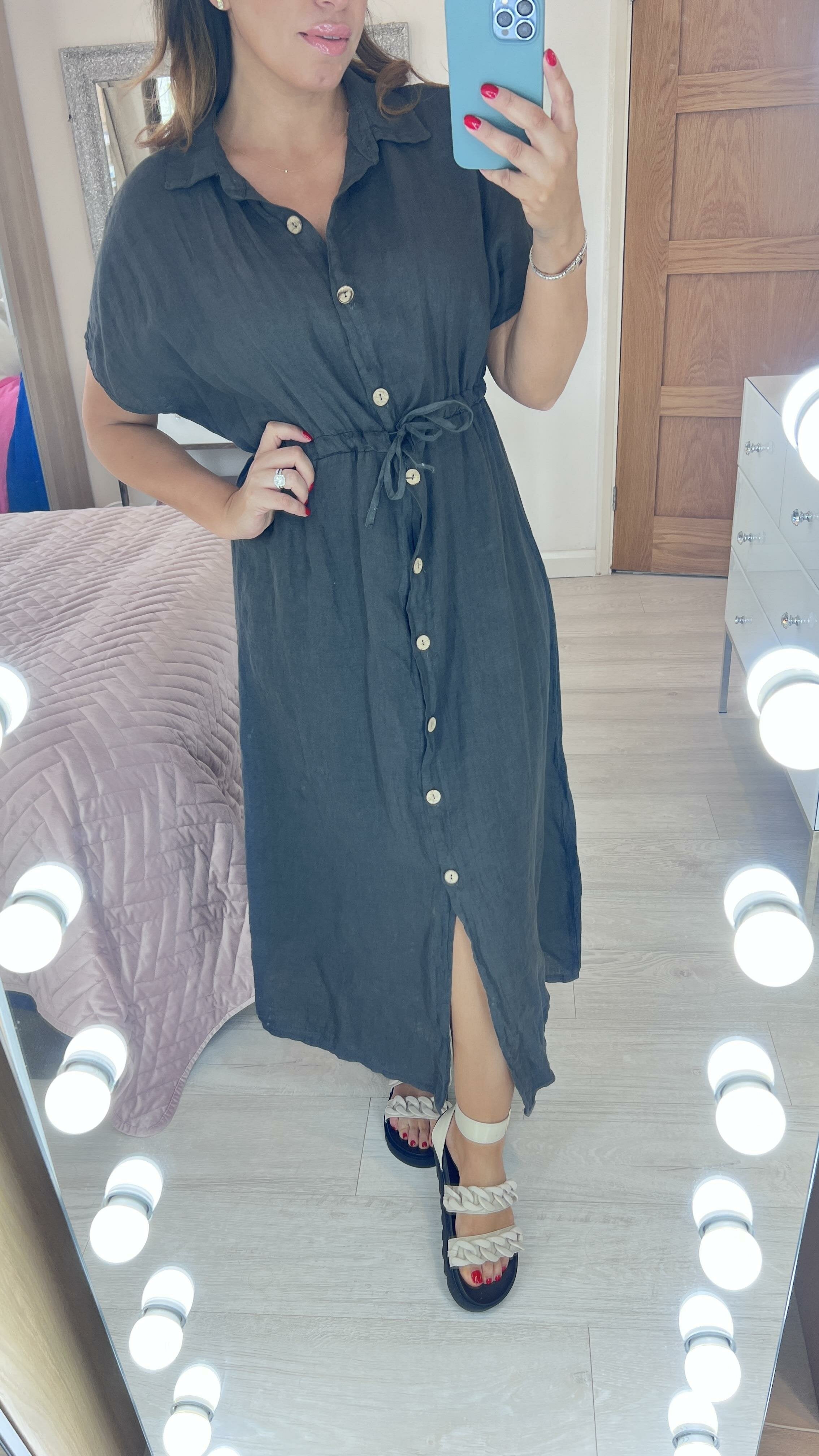 Cleris Plain Linen Button Front Dress