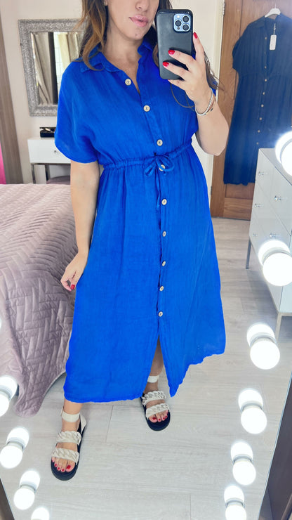 Cleris Plain Linen Button Front Dress