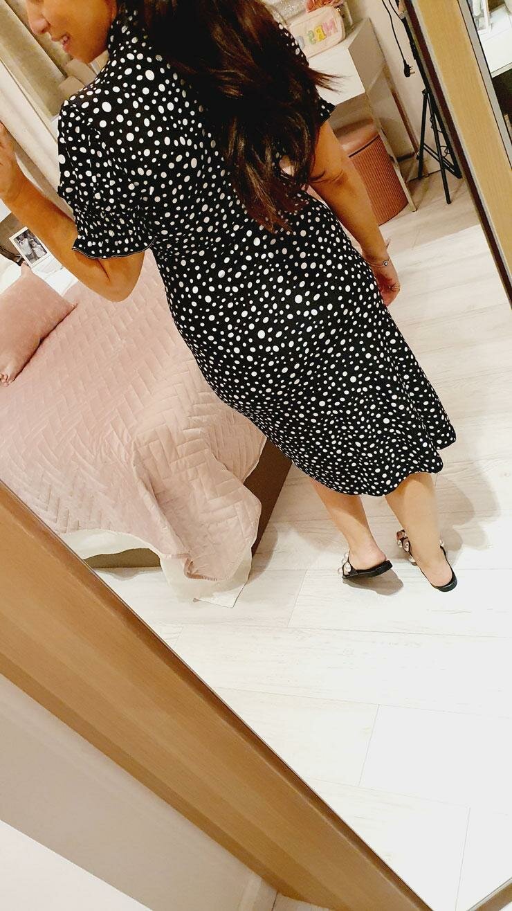Carneal Polka Dot Puff Sleeve Tie Neck Midi Dress