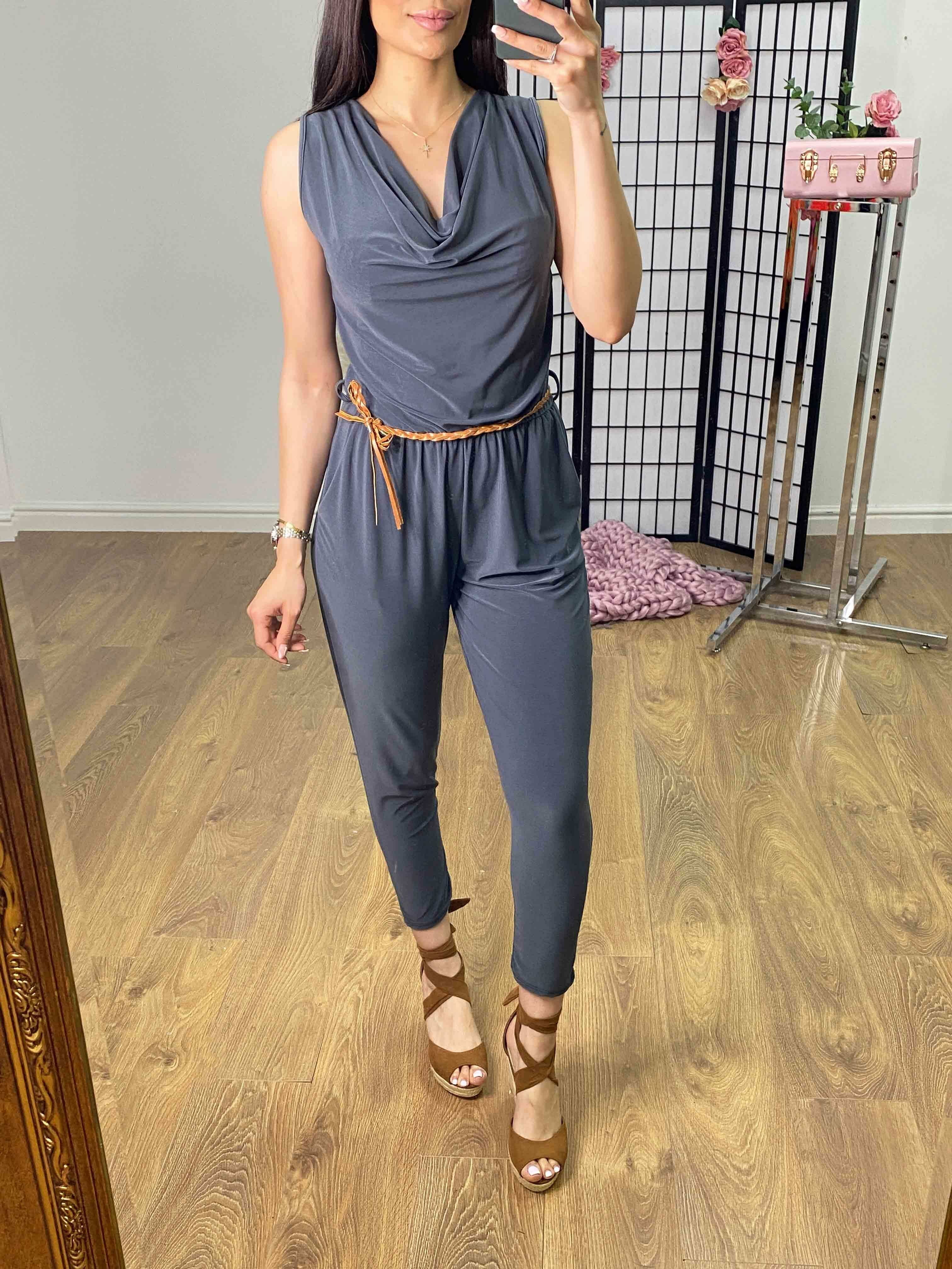Lunita Stretch Drape Neck Belted Jumpsuit