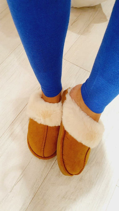 Tedsy Camel Faux Suede Faux Fur Slippers