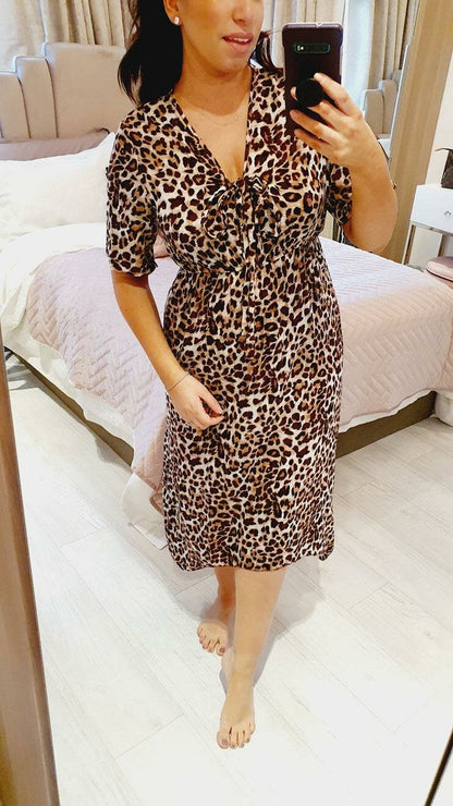 Darleen Leopard Print Tie Knot Drape Midi Dress