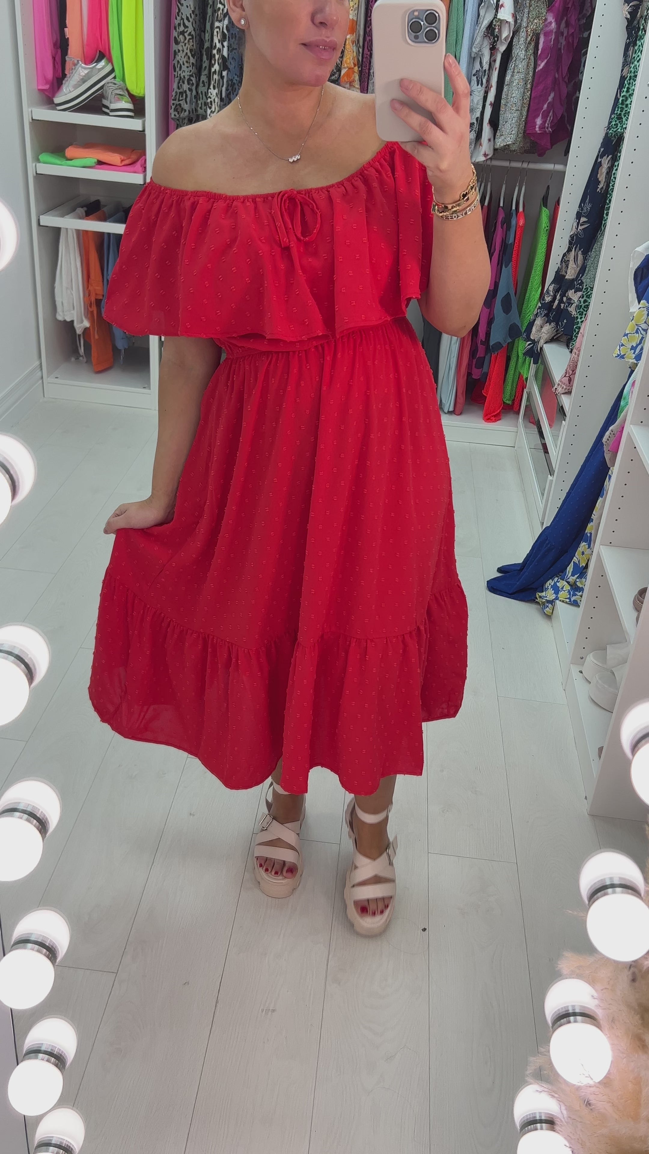 Danita Dobby Ruffle Bardot  Midi Dress