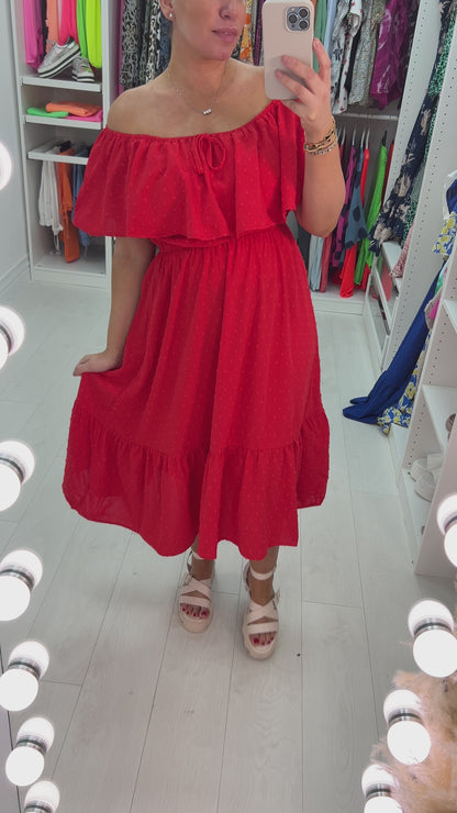 Danita Dobby Ruffle Bardot  Midi Dress