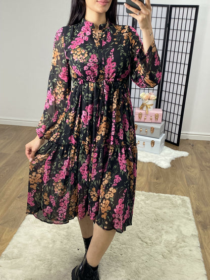Deliya Black Floral Printed Floaty Swing Dress
