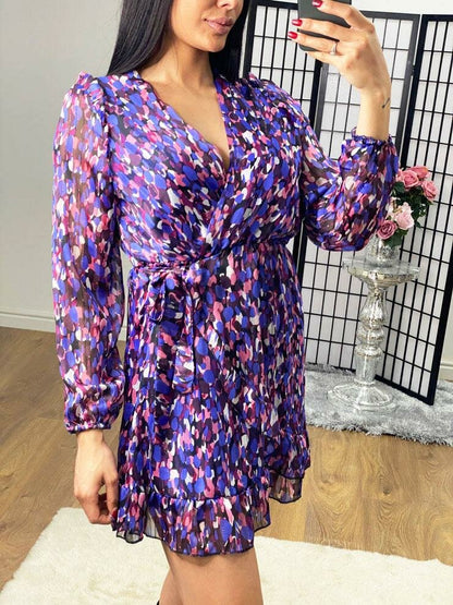 Della Wrap Frill Tie Waist Detailed Printed Dress