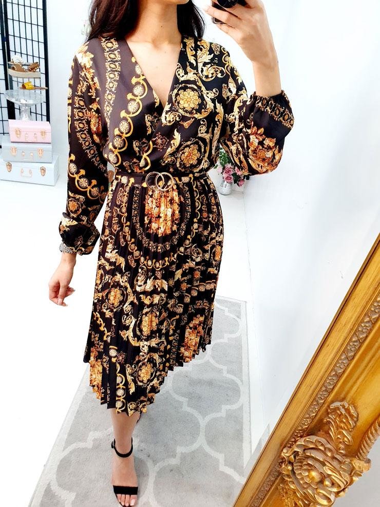 Delter Midi Floral Print Belted Pleat Dress