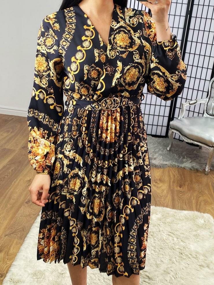 Delter Midi Floral Print Belted Pleat Dress