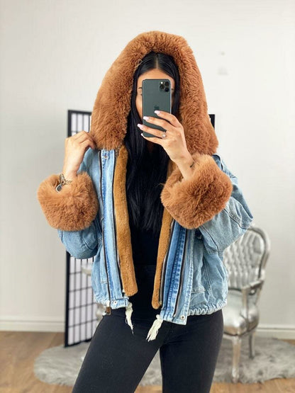 Carolana Denim With Tan Faux Fur Hooded Coat