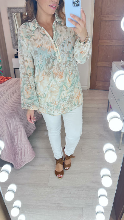 Depp Blush Floral Print Zip Blouse