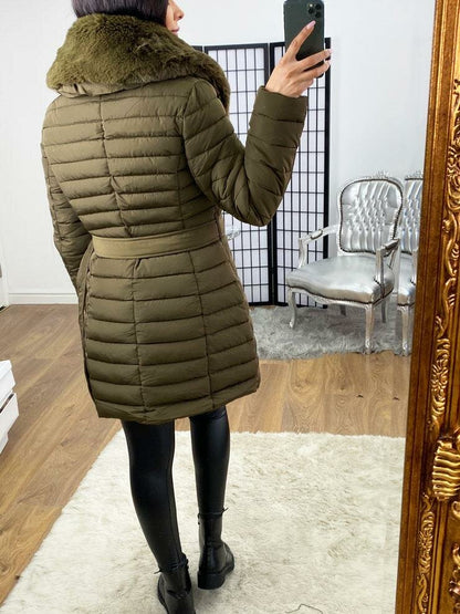 Dez Khaki Faux Fur Collar Belt Coat