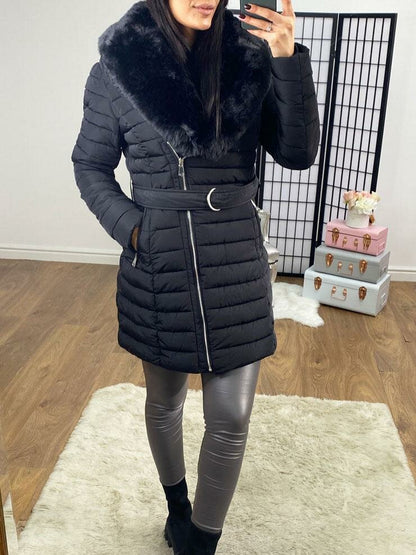 Dez Black Faux Fur Collar Belt Coat