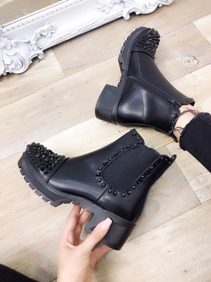 Dione Black Faux Leather Studded Biker Boots