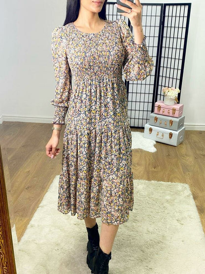 Kirsty Navy Paisley Print Elasticated Tiered Midi Dress