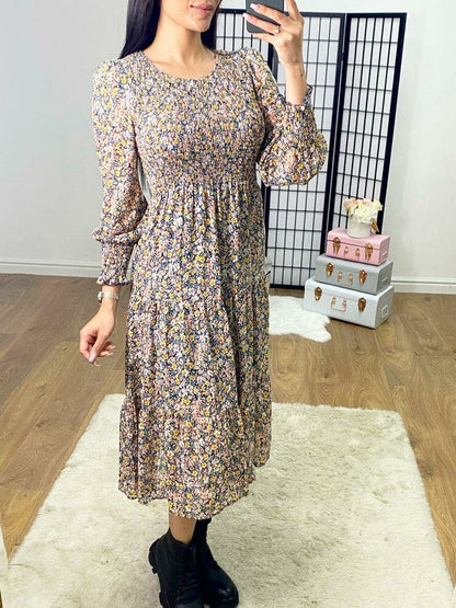 Kirsty Navy Paisley Print Elasticated Tiered Midi Dress