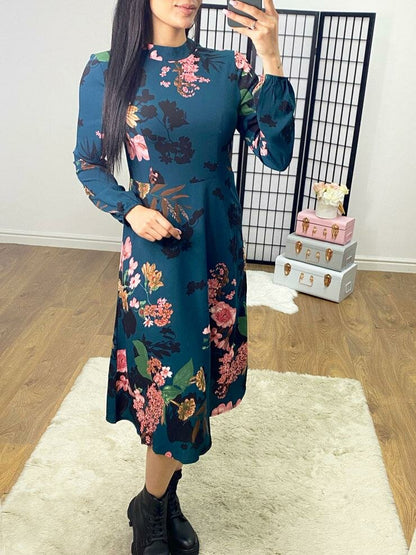 Larsen Dark Teal Floral Print Swing Dress