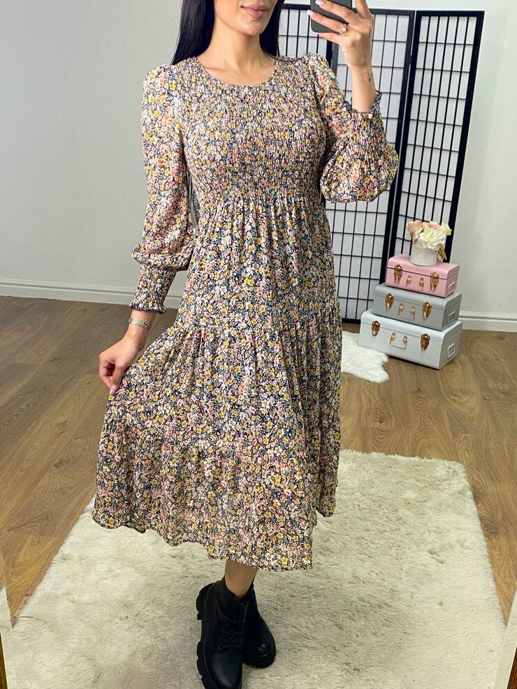 Kirsty Navy Paisley Print Elasticated Tiered Midi Dress