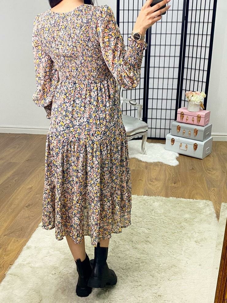 Kirsty Navy Paisley Print Elasticated Tiered Midi Dress