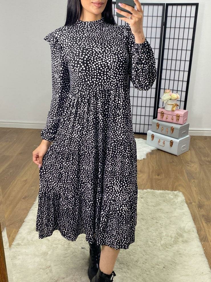Dulcy Black Polka Dot Ruffle Detailed Swing Dress