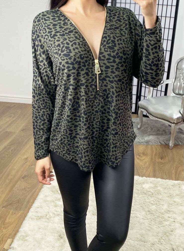 Katalia Khaki Leopard Design Zip Front Top