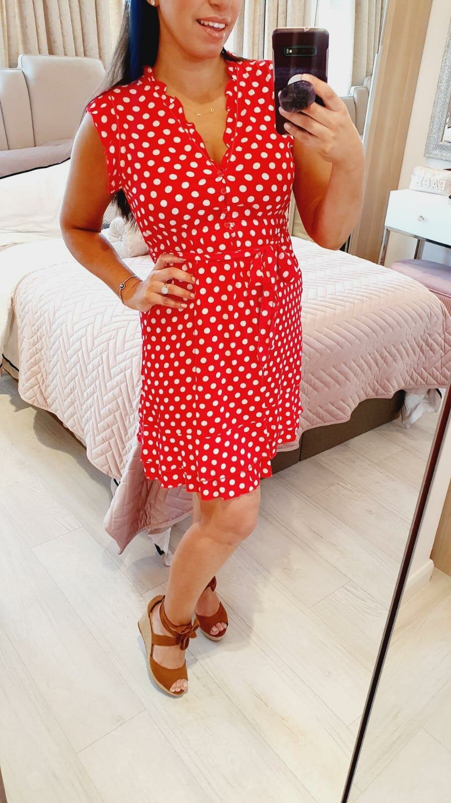 Ascot Red Polka Dot Frill Sleeve Tie Waist Dress