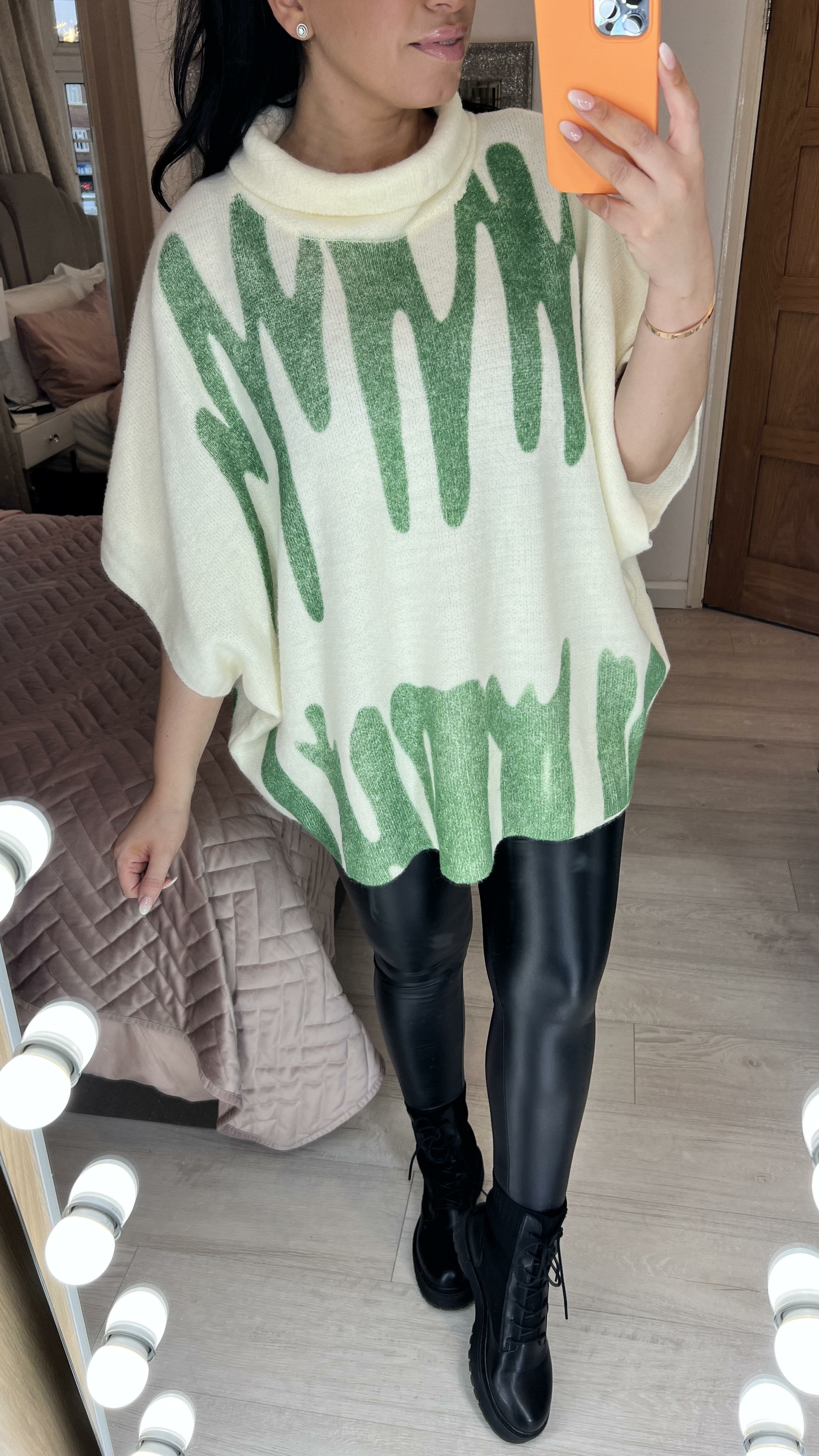 Ela Green Graffiti Print High Neck Poncho Jumper