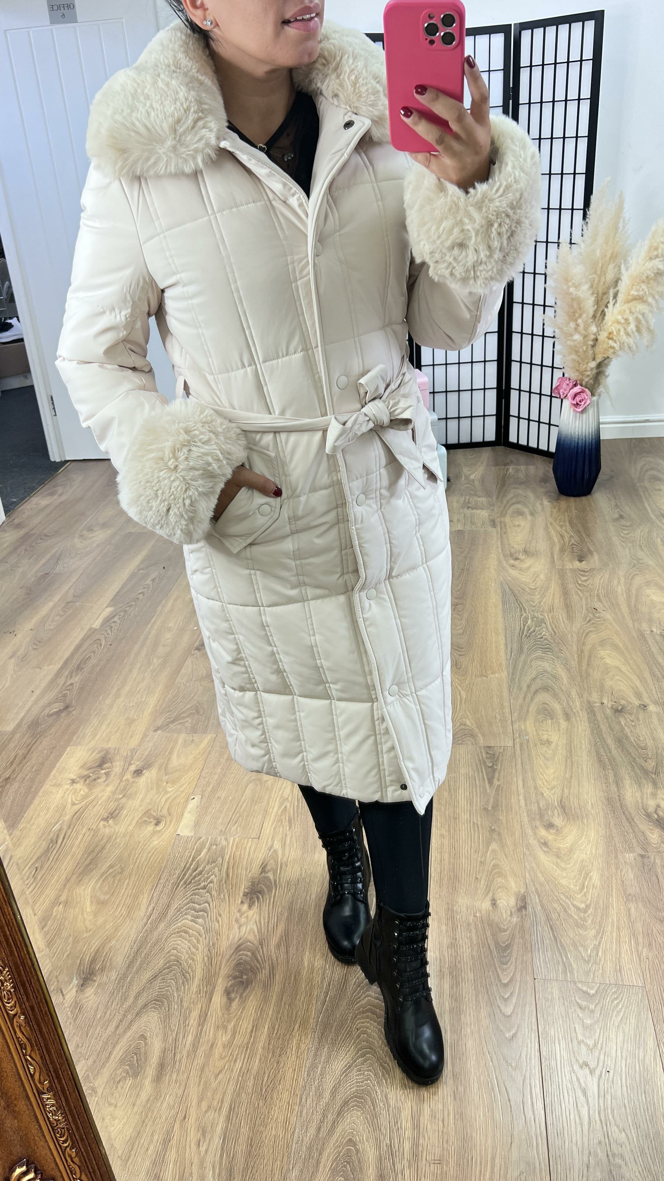 Elexi Beige Faux Fur Detail Padded Coat