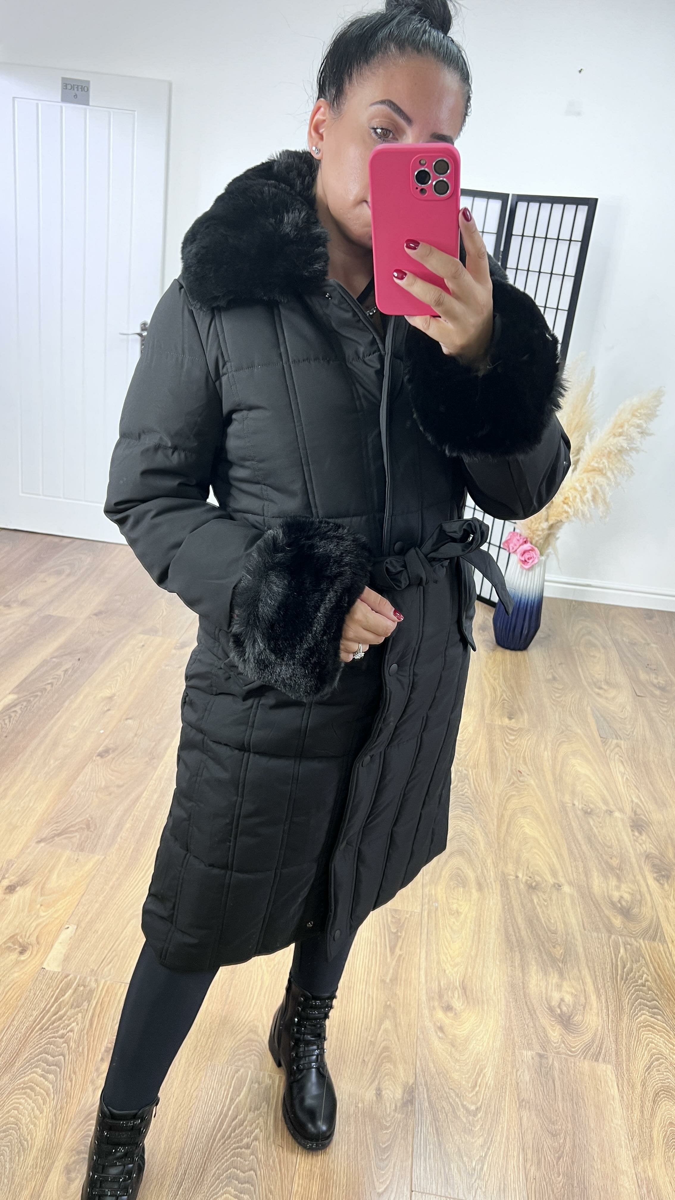 Elexi Black Faux Fur Detail Padded Coat